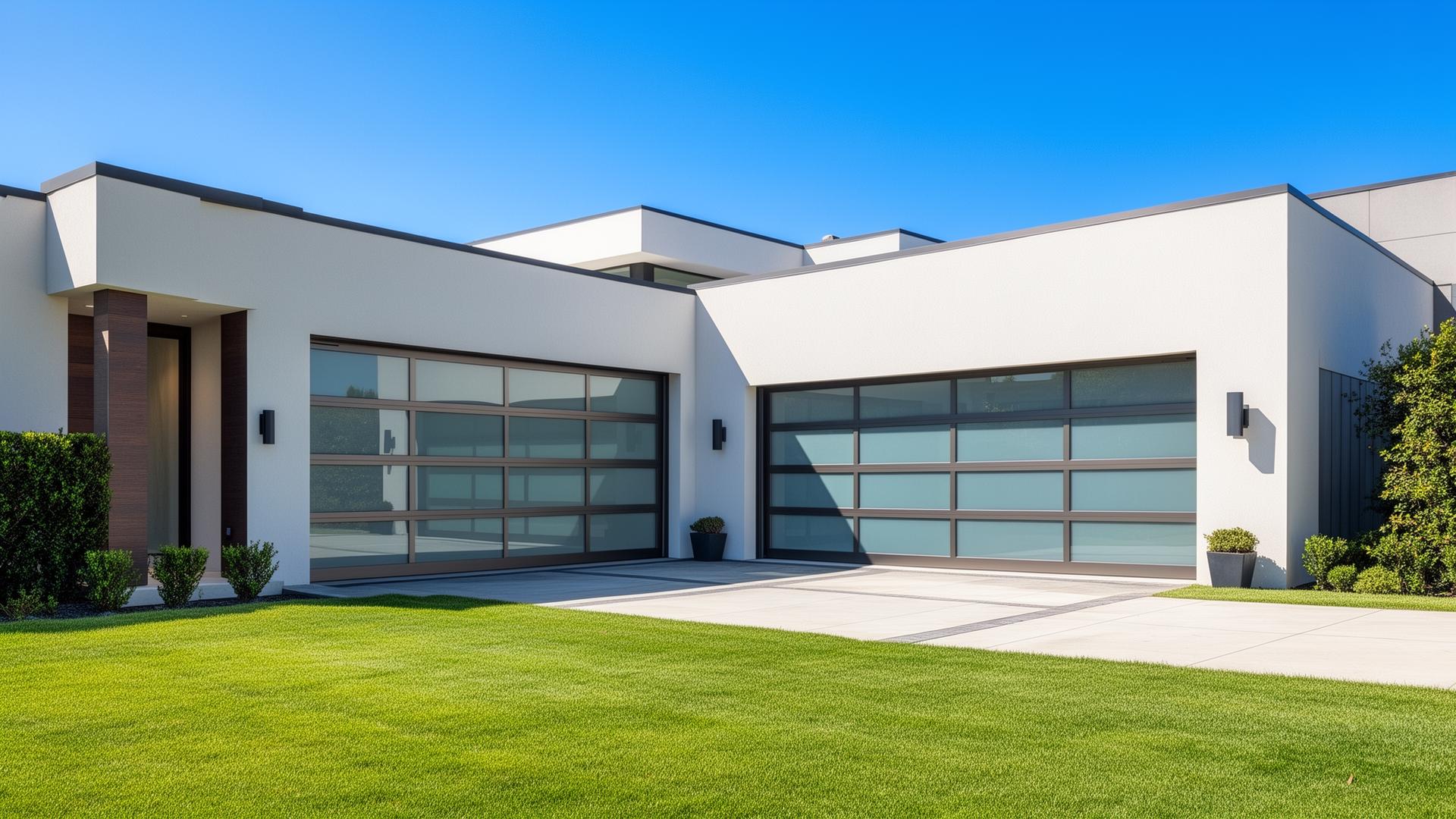 Modern contemporary home with aluminum glass panel garage doors - professional garage door installation in Vancouver WA